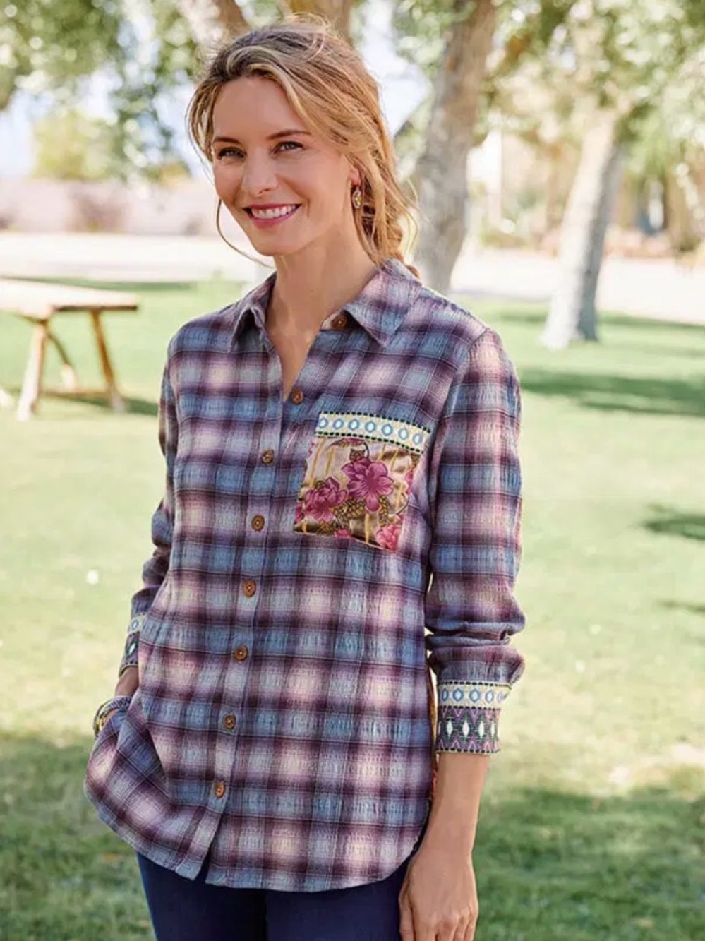 Soft Surroundings The Rosebay Shirt Plaid Long Sleeve Embroidered Button Up